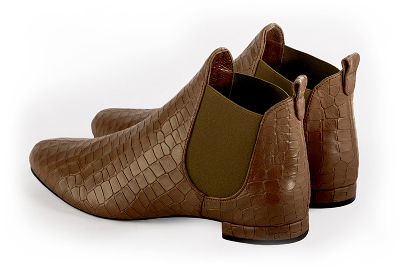 Caramel brown women's ankle boots, with elastics. Round toe. Flat block heels. Rear view - Florence KOOIJMAN